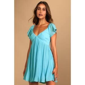 Lulus Amalfi Coast Light Blue Pleated Flutter Sleeve Mini Dress - Size S